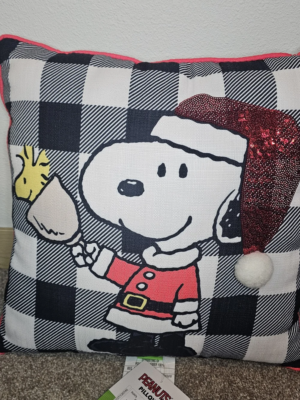 Peanuts Snoopy Holiday Pillow with Glitter Santa Hat - Black, White, Red, Yellow